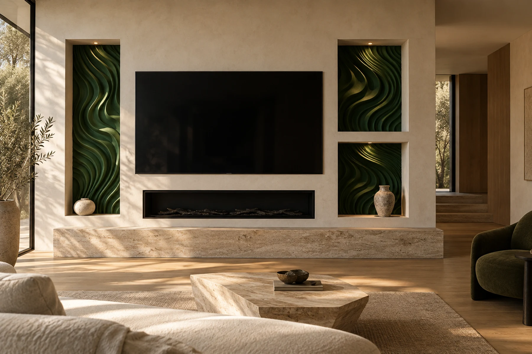 Media wall with sculptural inserts in the recesses
